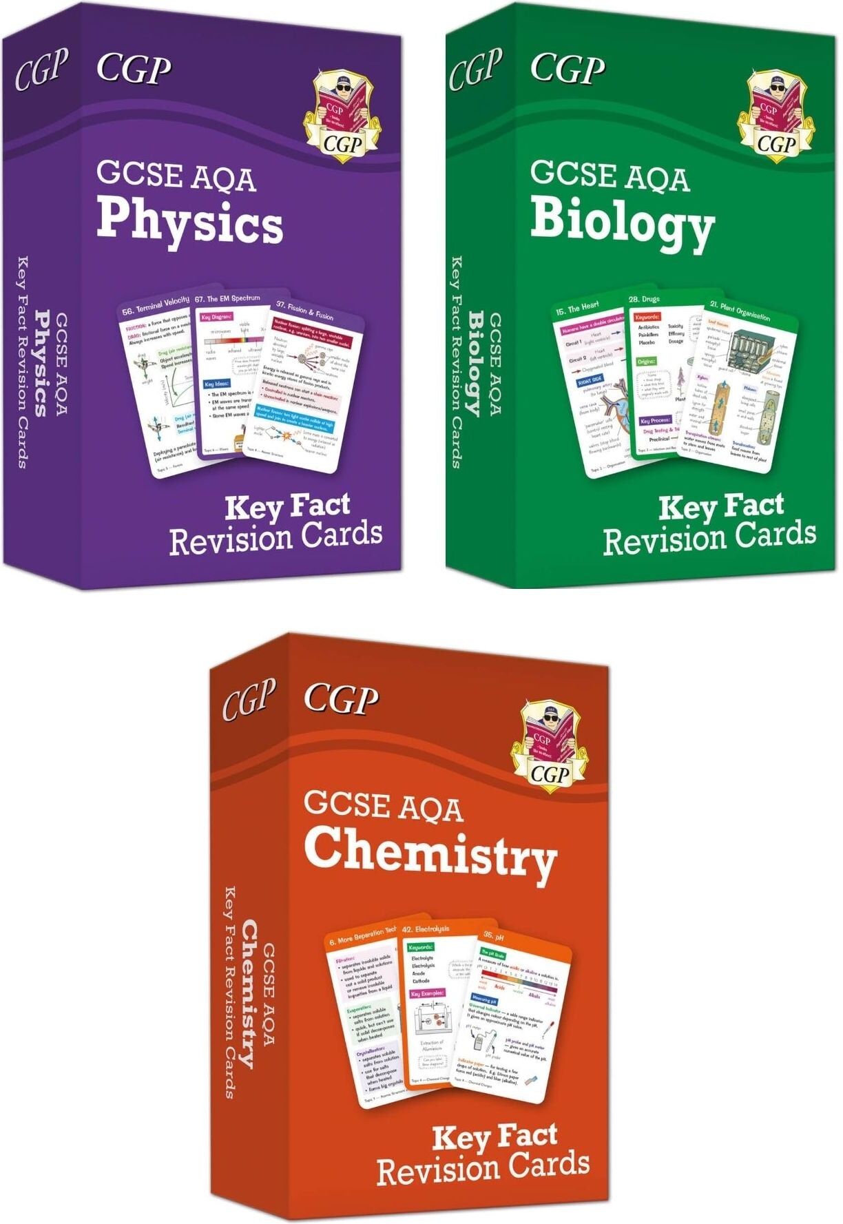 CGP Books GCSE AQA Key Fact Revision Cards Set of 3 (Biology, Chemistry, Physics)