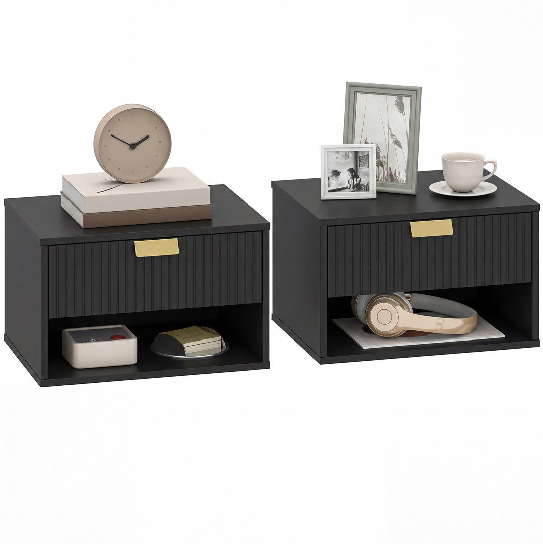 Norden Home Floating Bedside Tables Set of 2 with Fluted Drawer Open Shelf Black 25cm H X 40cm W X 30cm D