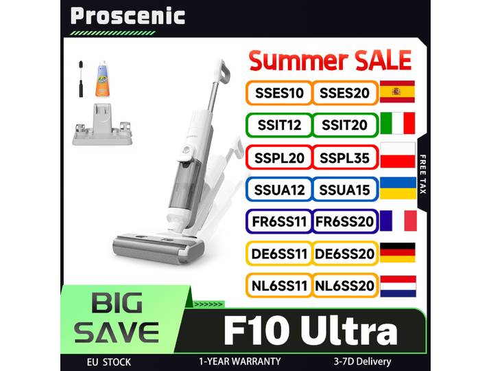 Aspirateur sans fil Proscenic F10 Ultra 3-en-1, humide et sec, autonomie de 60 minutes, auto-nettoyant et 3 modes, réservoir d'eau double de 1,3 L, LED
