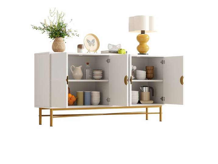 Buffet Bahut Enfilade WELLTIN -4 Portes Texture Relief Poignées Dorées Pieds Haute Brillance Blanc Bois -Design Moderne -160x40x82cm