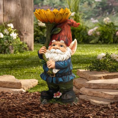 Gerson International 18.9 Inch Whimsical Resin Gnome with Sunflower Figurine