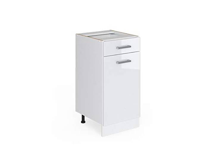 Vicco Küchenunterschrank R-Line, Weiß Hochglanz, 40 cm 1 Schublade · Arbeitsplatte Eiche · Höhenverst. Füße · Leichter Zugriff · Frei kombinierbar