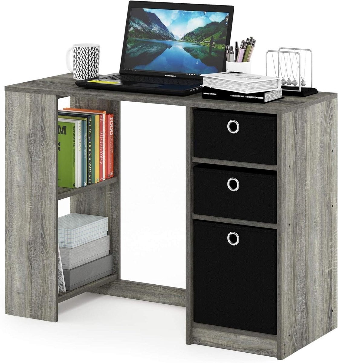 Computer Study Desk Werkplek Bureau Frans Eiken Grijs Zwart Hoogte: 74 cm