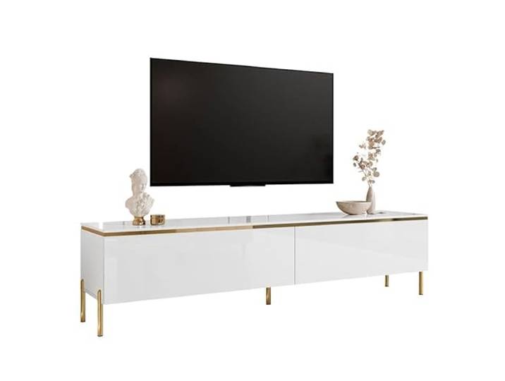 Lookway TV-Lowboard Aurora Hochglanz Weiß auf Goldenen Beinen Gerade oder Schräg Modernes Wohnzimmermöbel mit Dekorativer Goldleiste (Boho - gerade Gold Chrom)