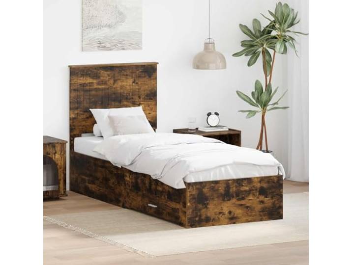 RJPLMFV Bettgestell, Eiche Rauchgrau und Silber, 70 x 190 cm, Holz Mit Aufbewahrungsschubladen, modernem Kopfteil, silberfarbenen Griffen, pflegeleicht