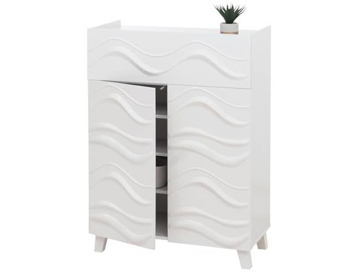 Mendler Kommode HWC-N86 107x76x36cm - weiß Schrank, Sideboard, Anrichte, 3D-Wellen-Design, Push-to-Open, Türen