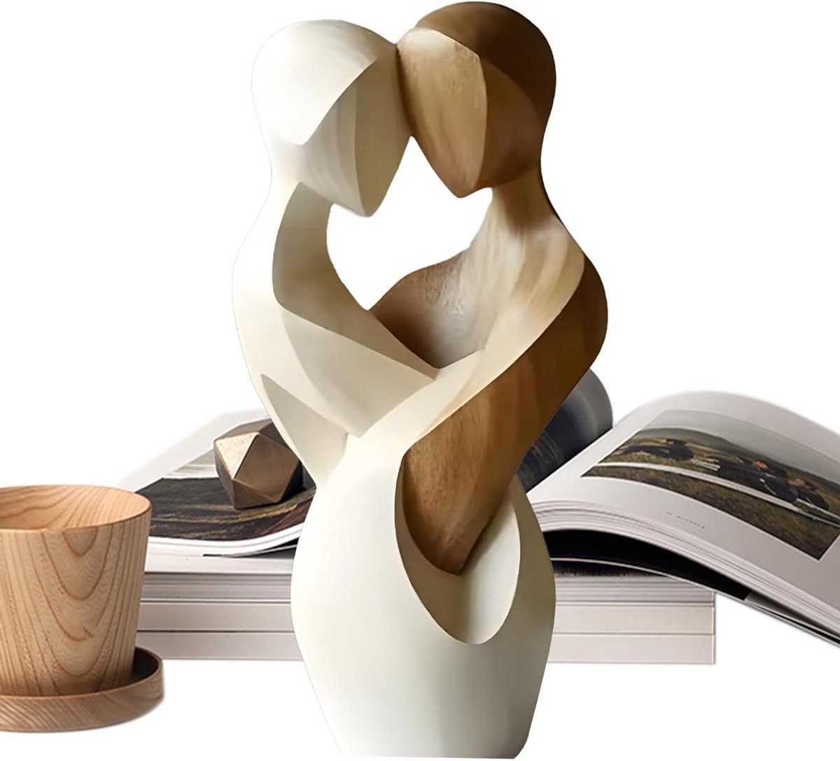 Handgemaakt houten paar sculptuur - Abstract beeldje voor tabletop decoratie - Houtkleur - Hoogte: 21 cm