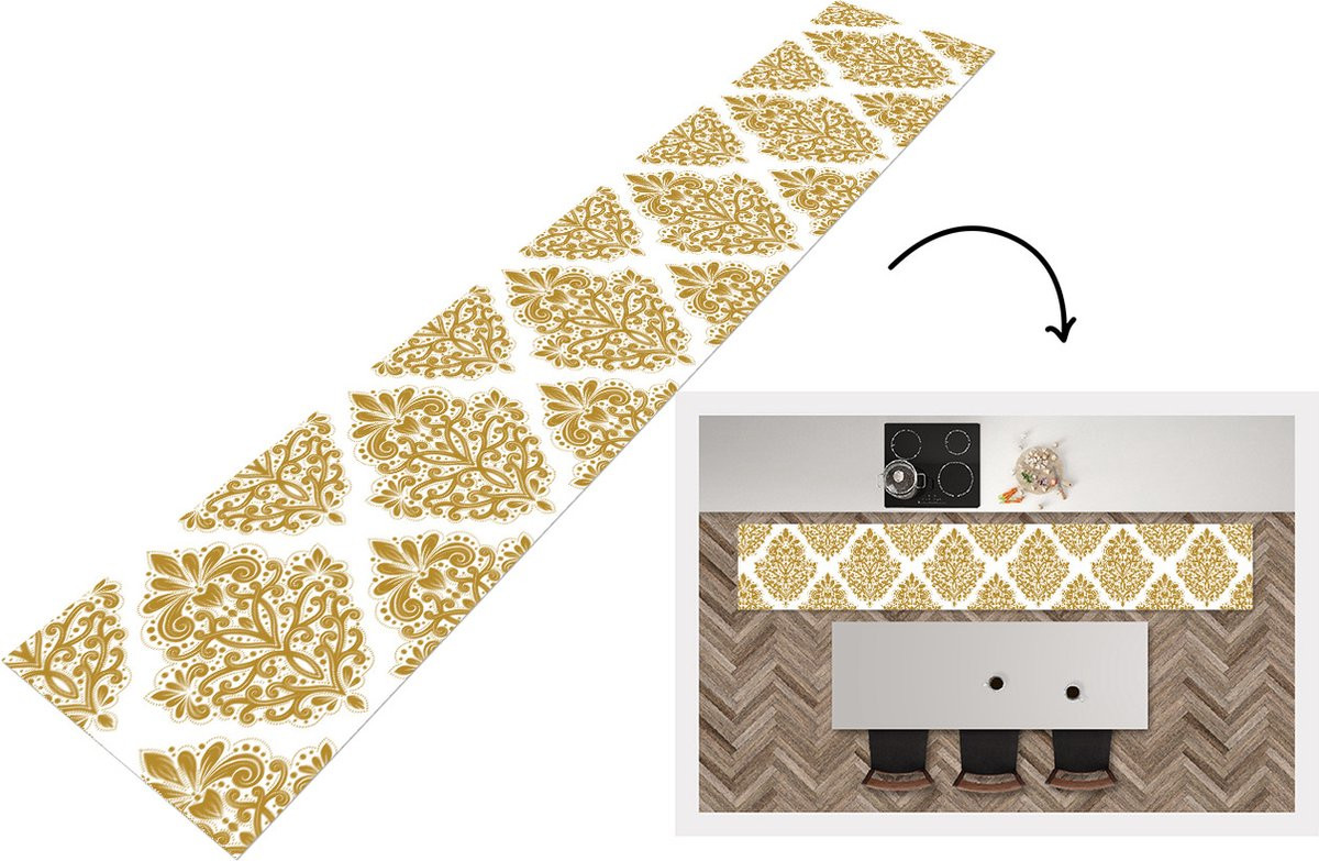 KitchenYeah Keukenloper Vintage Bloemen Goud Vinyl 300 x 50 cm