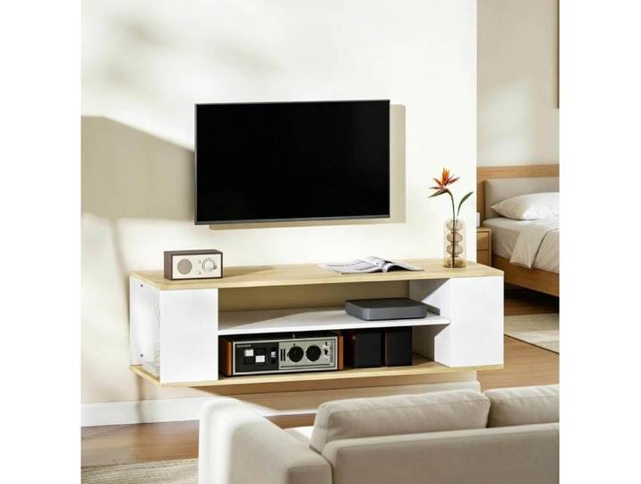 WOVREO Meuble TV bas 120 cm sur roulettes ou mural blanc et décor bois naturel