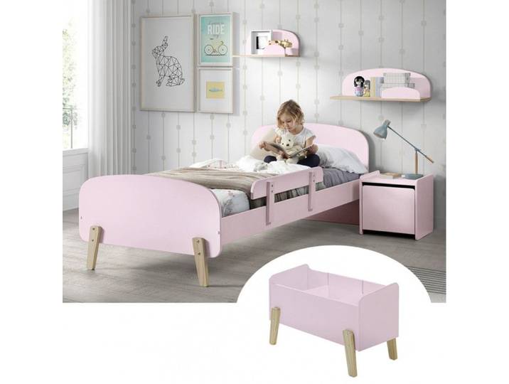 BODHI PINK - Lit 90x200cm avec Barrière + Chevet + Coffre + Etagères
