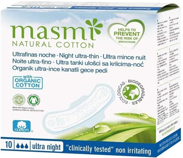 Masmi Natural Cotton Pensos higiénicos Ultra Noite Com Abas Algodão Biológico 10 Unds