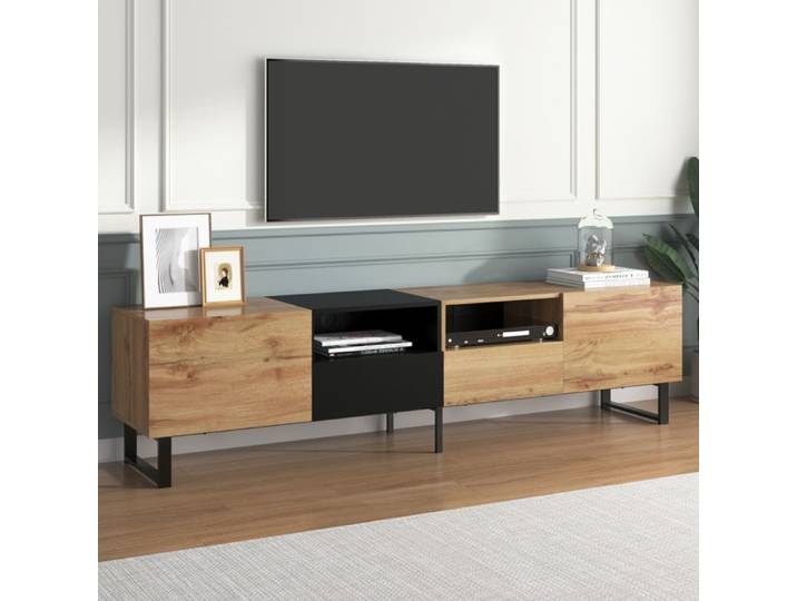 Meuble TV moderne bois 190x38x48cm LEYTN Meuble TV salon Meuble de rangement avec 2 portes 2 tiroirs - chêne