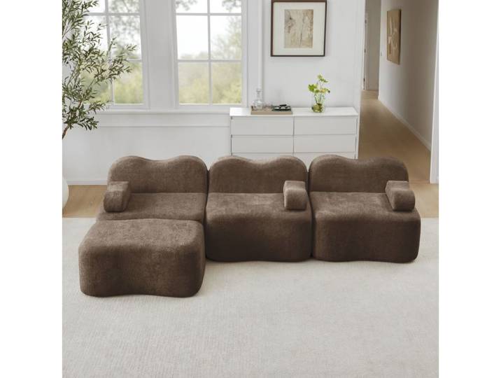Canapé d'angle modulable 3 places marron velours assise profonde sans montage