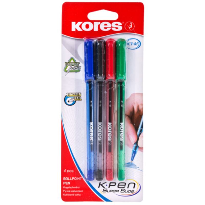 Kores Kugelschreiber K1 transparent, Schreibfarbe: 4 St. farbsortiert, 4 St.