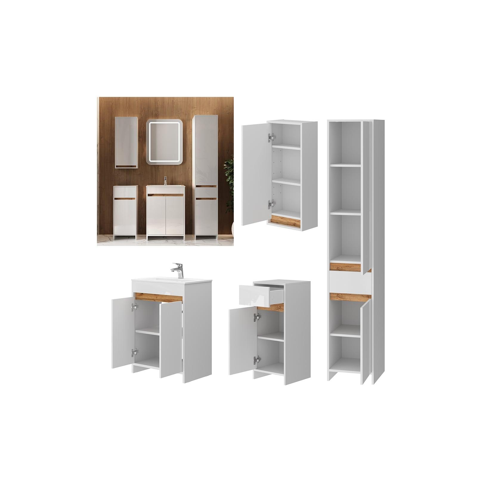 Vicco Badmöbel-Set Lemgo Weiß Hochglanz Eiche 60 cm 5 Teile
