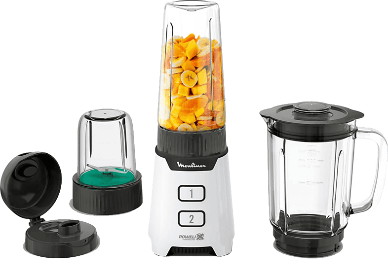 Batidora de vaso - Moulinex LM16L1, 400 W, 1 l, 2 Velocidades, 4 Cuchillas Powelix, Incluye Picadora y Botella 0.6l, Blanco