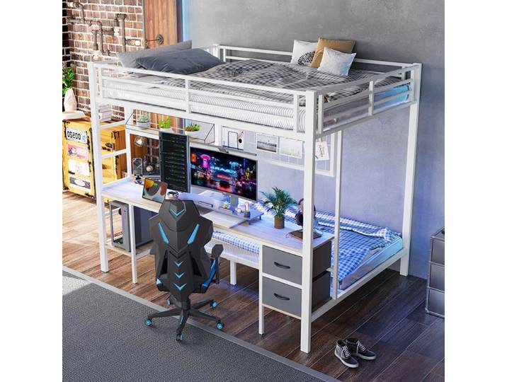 Lit mezzanine métal blanc 140x200 (également 90x200) avec tiroirs rangements et bureau — sommier inclus sans matelas