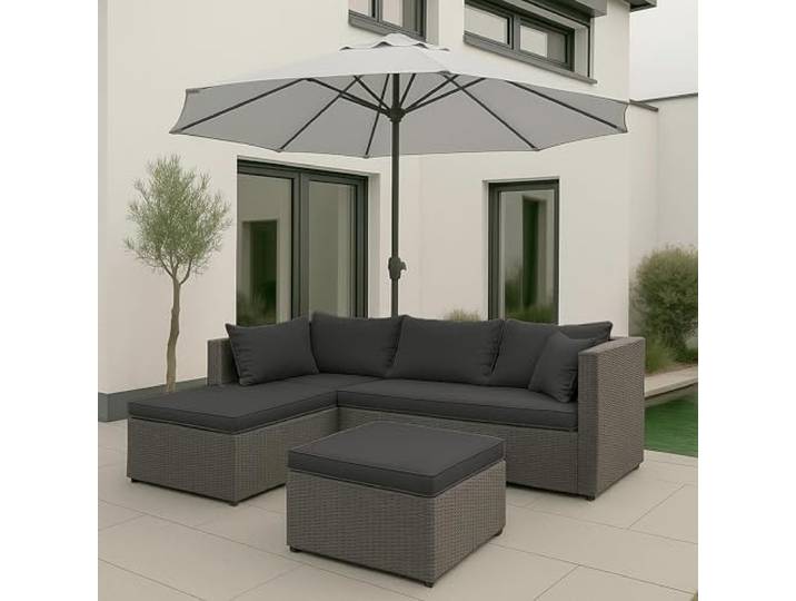 Mendler Poly-Rattan Garnitur HWC-O46 - grau Polster dunkelgrau Balkon-/Garten-/Lounge-Set, Sofa, Sitzgruppe