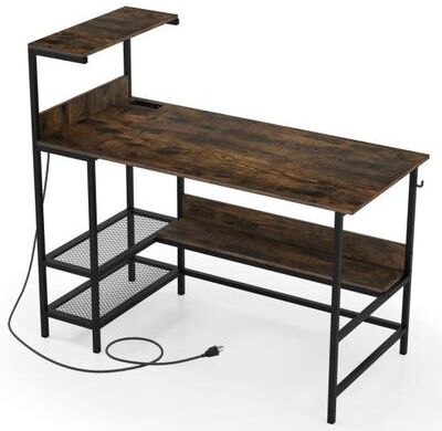 Costway 48 Inch Computer Desk with Power Outlets and Storage Shelves-Rustic Brown
