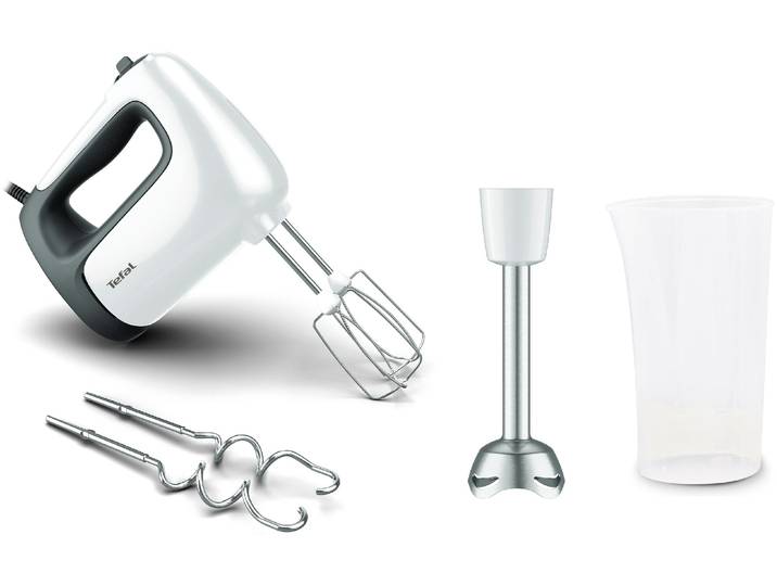 TEFAL Handmixer Prep'Mix+ , grau (weiß, grau), B:9cm H:15cm T:20,9cm, Mixer, Turbo-Funktion, 2 Rührbesen, 2 Knethaken, Pürierstab-Aufsatz, HT4621, Handmixer