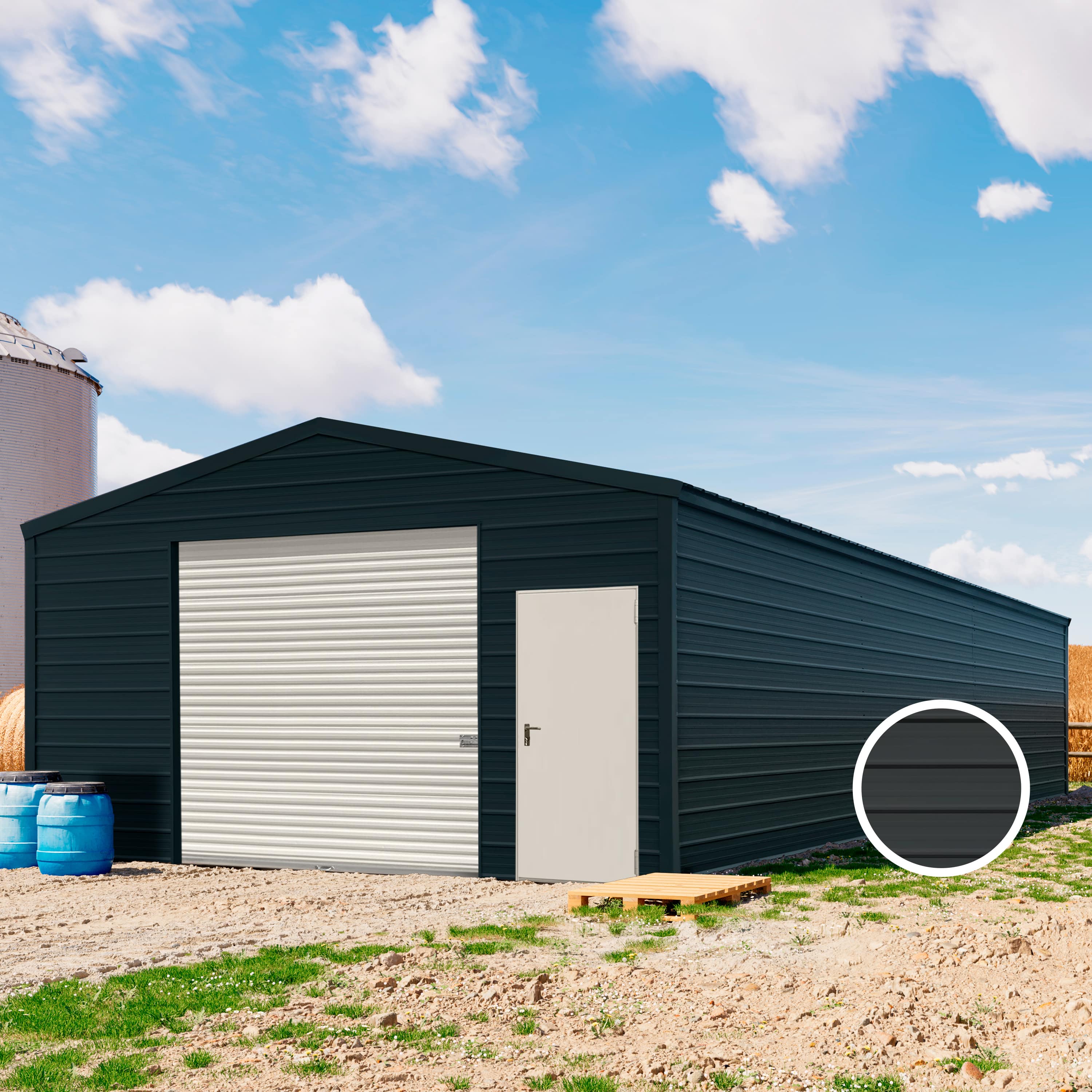 TOM BUILDER 5,7 x 15,2 m ARGO, Stahldach, Leichtbauhalle, Trapezblechverkleidung, Anthrazit, mit Statik (Betonuntergrund), mit Regenrinne - (KROV00104)