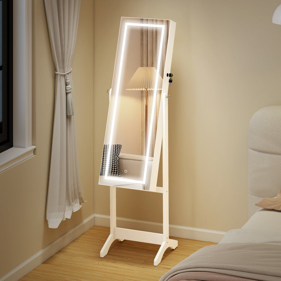 Ebern Designs Fevziye Mirrored Jewellery Cabinet W/ LED Light Lockable Jewellery Armoire White 151.5cm H X 46cm W X 36.5cm D