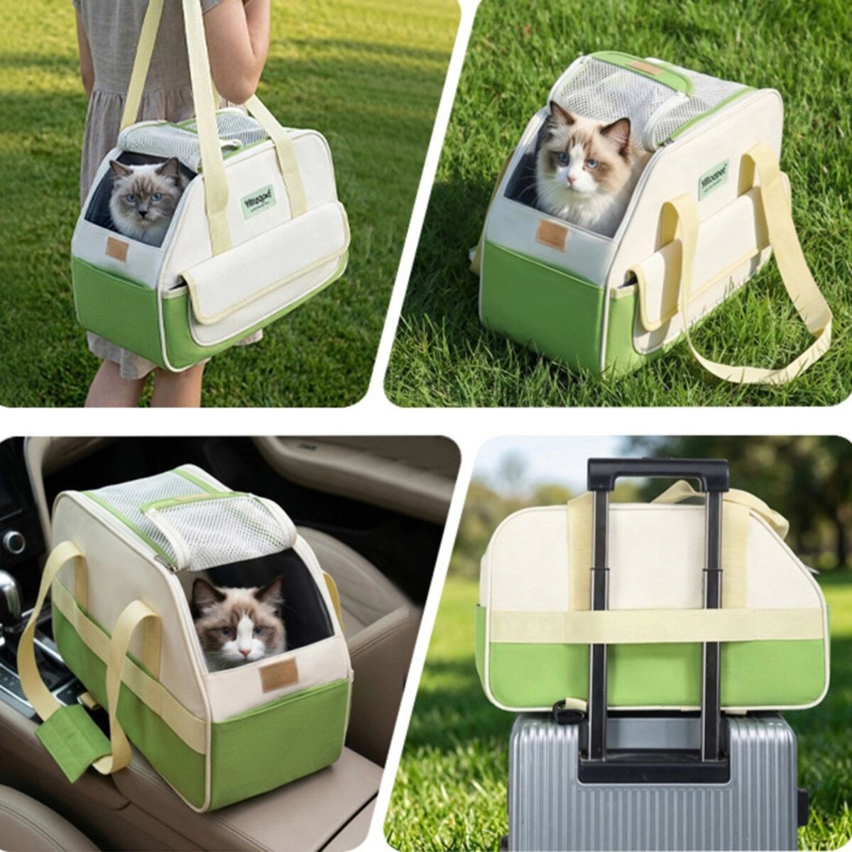 INF Haustierträger und Mittelkonsole-Autositz - Faltbare Nylon-Reisetasche für kleine Hunde und Katzen, waschbar, Anti-Flucht, Grün