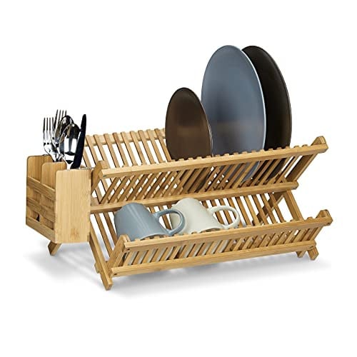 Relaxdays Afdruiprek CROSS met bestekmand, inklapbaar afwasrek van bamboe en metaal, beige/bruin, B/D/H: 24 x 46 x 28 cm