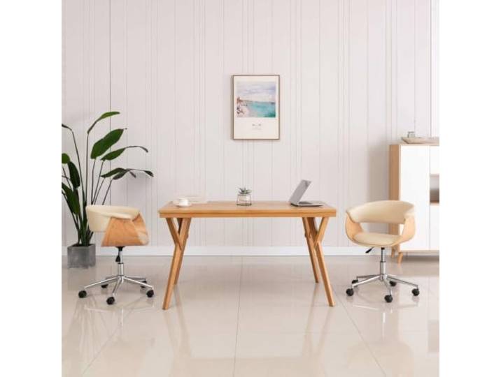 2 Drehbare Esszimmerstühle Creme Kunstleder mit Gasfeder Höhenverstellbar 360 Grad schwenkbar, Gasfeder-Höhenverstellung, ergonomische Polsterung, Holzgestell Metallbeine, 110 kg Belastbarkeit