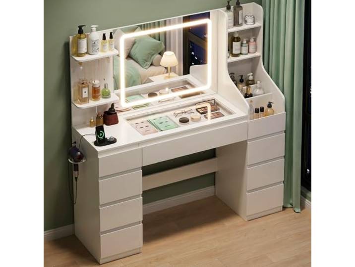 TRIUMPHKEY Schminktisch mit Spiegel und Beleuchtung, 135 cm Schminktisch Groß mit Steckdose, USB, Schubladen & Glasplatte – Weißer Vanity Tisch als Frisiertisch/Dressing Table für Schlafzimmer