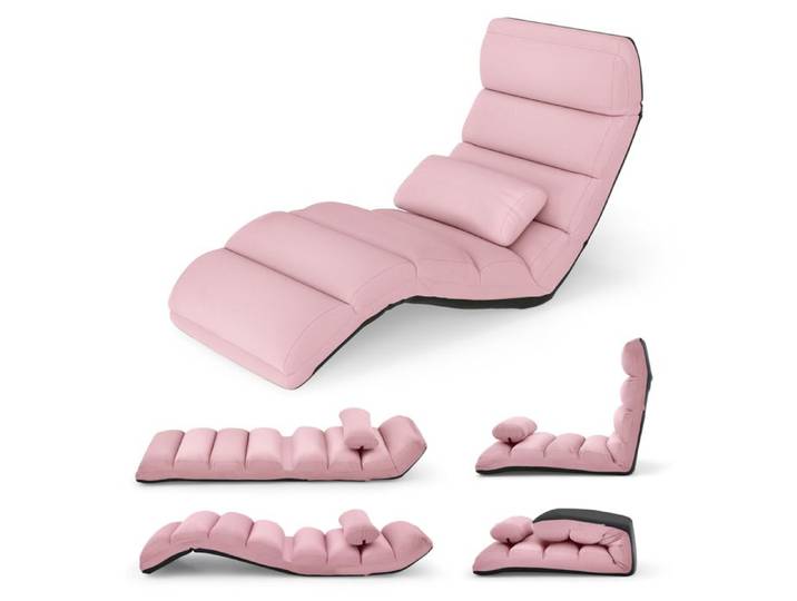 Chaise Paresseuse COSTWAY avec Oreiller Dossier 90°-180° Fauteuil au Sol Pliable en Surface Suède 175 x 55 x 20CM Rose