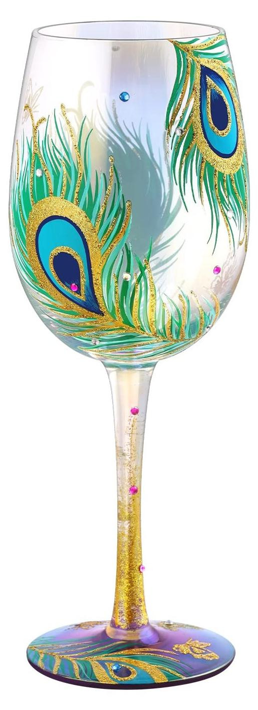Handgeschilderd Wijnglas Pauwenveer 15oz - Glanzend Kristalglas