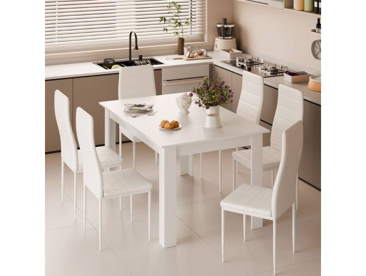 Mondeer Ensemble table à manger avec 6 chaises salle à manger avec 6 chaises pour salle à manger cuisine salon 138Lx90Px75H cm Blanc