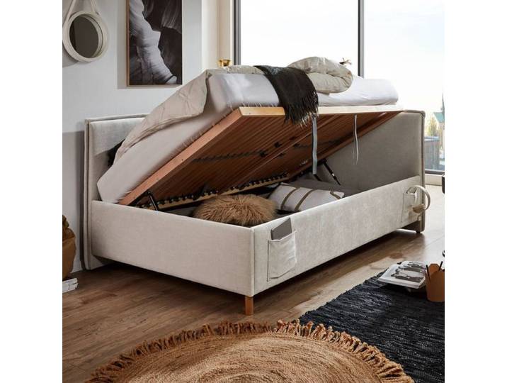Polsterliege Teya Komfort Velours mit Lattenrost und Bettkasten Kunstfaser 90x103x215cm Sand skandinavisch