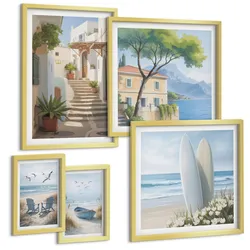 BILDER SET 5er Set - 50x50 cm & 20x30 cm & 40x60 cm Goldrahmen - Straßenblumen, Fahrrad bemalt
