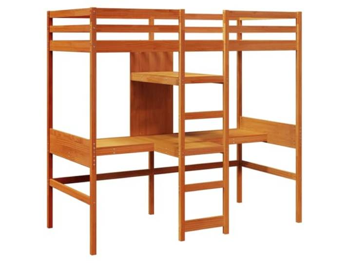 KTHLBRH Lauflernbett Braun Wachs 90 x 190 cm Kiefer Mit 2 Schreibtischen und Regalen, integrierter Leiter, Seiten von Sizza, Lattenrost