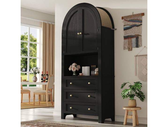 Meuble de rangement - LANGTU - Vitrine arquée - MDF 70x35x180 cm - Noir - Tiroirs et portes