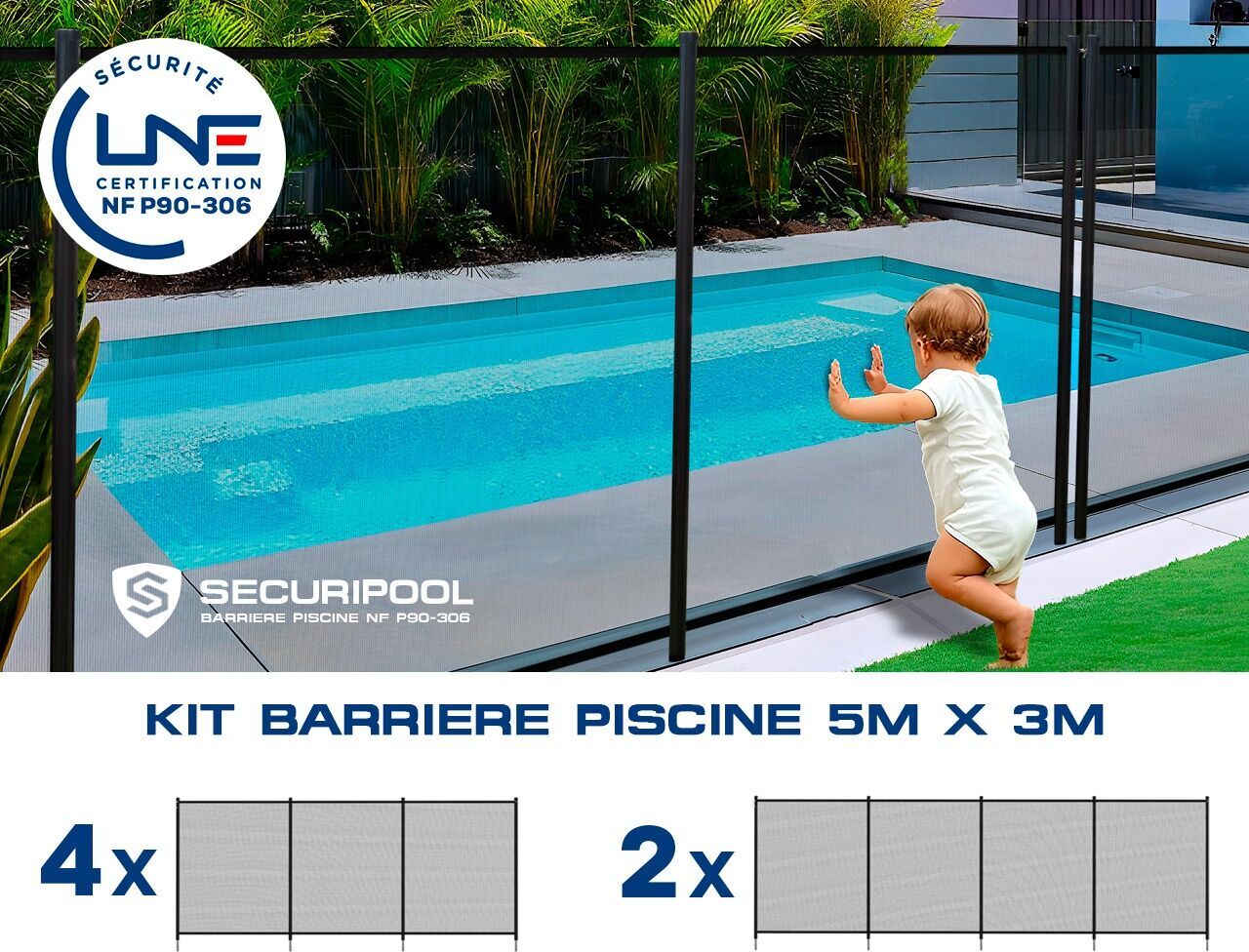 Kit barrière souple démontable SECURIPOOL NOIR piscine 5m x 3m NF P90-306