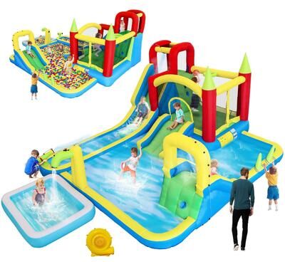 11-in-1 Inflatable Water Slide Park w/ Pool, Climber & Games - 196x160x85 IN