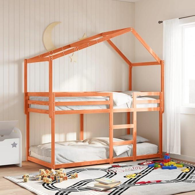 Etagenbett mit Dach Wachsbraun 90x190 cm Massivholz Kiefer Kinderbett mit Stauraum für begrenzte Räume, geeignet für Kinderzimmer, Jugendzimmer, Gästezimmer, mit Sicherheitsvorrichtungen