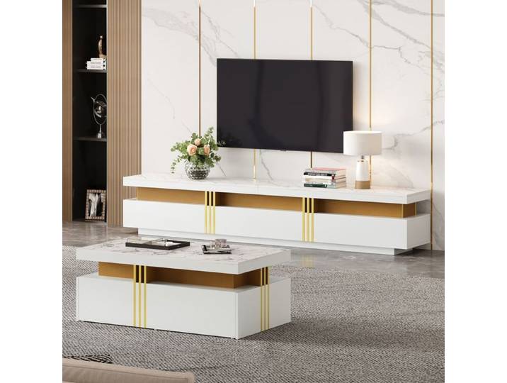 Ensemble meuble TV et table basse - SOGEU - Ensemble - Blanc laqué effet marbre - 3 tiroirs - Convient TV jusqu'à 90