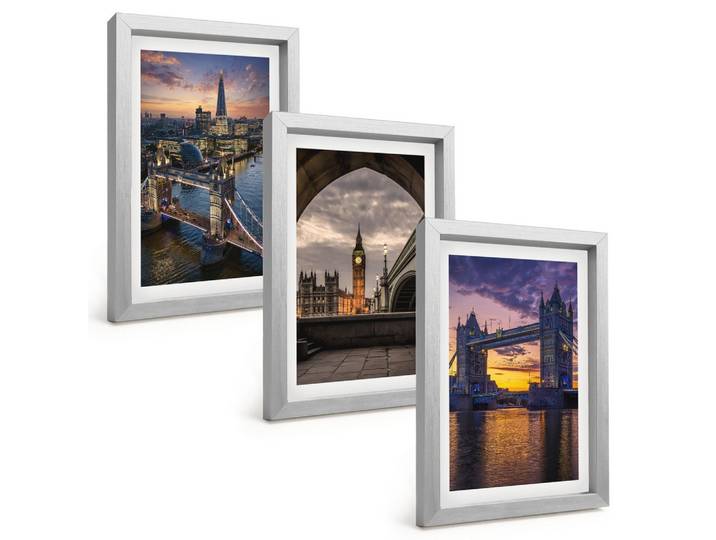 BILDER SET 3er Set - 20x30 cm Silberner Rahmen - Stadtbrücken, Uhrtürme
