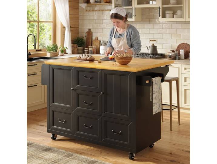 VUENOR Îlot de cuisine 120 x 73 x 93 cm noir – plateau rabattable roulettes