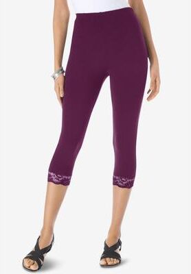 Plus Size Women's Lace Trim Essential Stretch Capri Legging by Roaman's in Dark Berry (Size 4X) Activewear Workout Yoga Pants