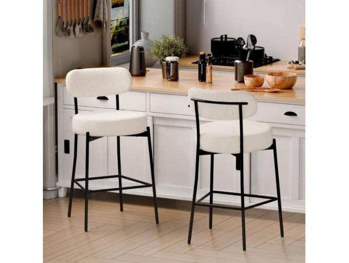 MIPAN.Lot de 2 Tabouret de Bar Blanc - Chaise Bar Haute en Tissu - Chaise de Bar avec Pieds en Métal - Rembourré Dossier