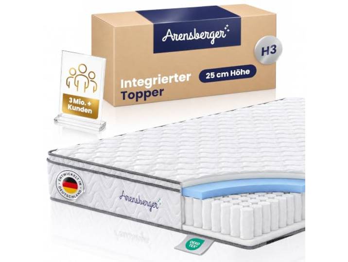 Arensberger Viktoria Matratze 100x200cm Taschenfederkern H3 Mit Topper Integrierter Topper Für Hotelkomfort Härtegrad H3 Mittelfest Öko-Tex Standard Zertifiziert Für jedes Lattenrost