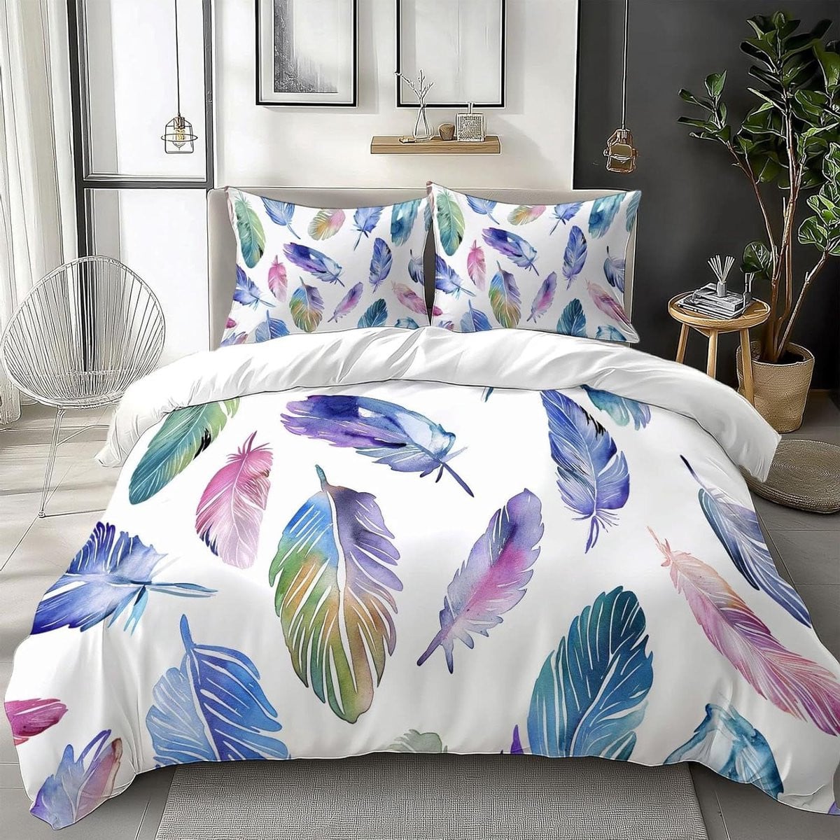 Bohemian stijl dekbedovertrek set met veerprint, 140 x 200 cm