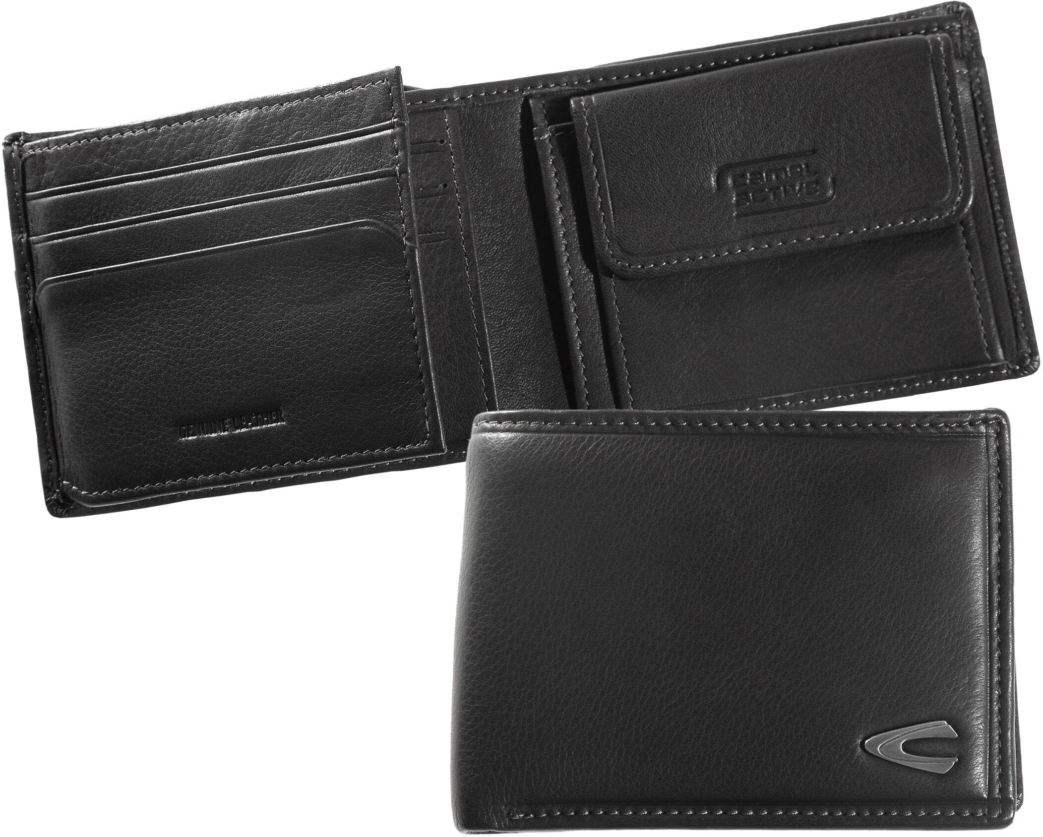 Geldbörse CAMEL ACTIVE "Vegas", Herren, schwarz, Leder, clean, gepflegt, unifarben, Kleinlederwaren Geldbörse, aus hochwertigem Rindsleder mit Metall Logo schwarz Einheitsgröße