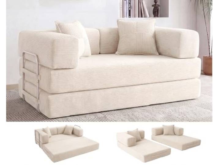 Vipbear Modular Schlafsofa 160cm, 5-in-1 Boneless Couch Sofa, Wohnzimmer-Couch mit Schlaffunktion, 2-Sitzer Schlafsofa, Keine Montage, Beige