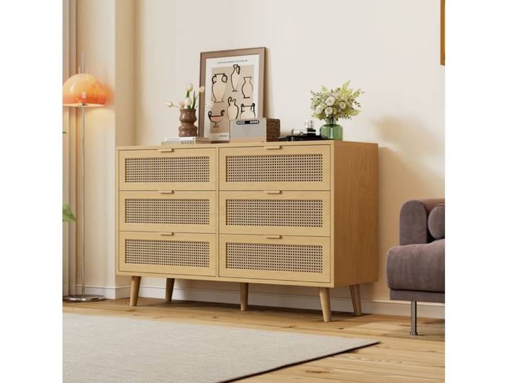 VUENOR commode 6 tiroirs 120 x 40 x 76 5 cm aspect bois style rotin